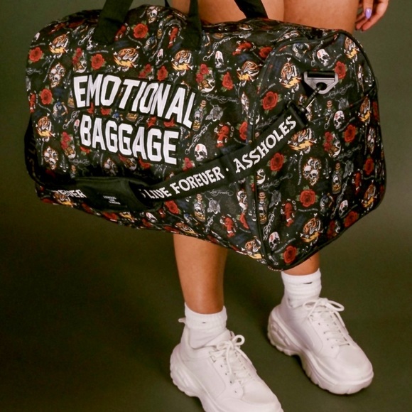assholes live forever Handbags - ALF Tattoo Print Embroidered Emotional Baggage Black Duffel Bag Zip Weekender